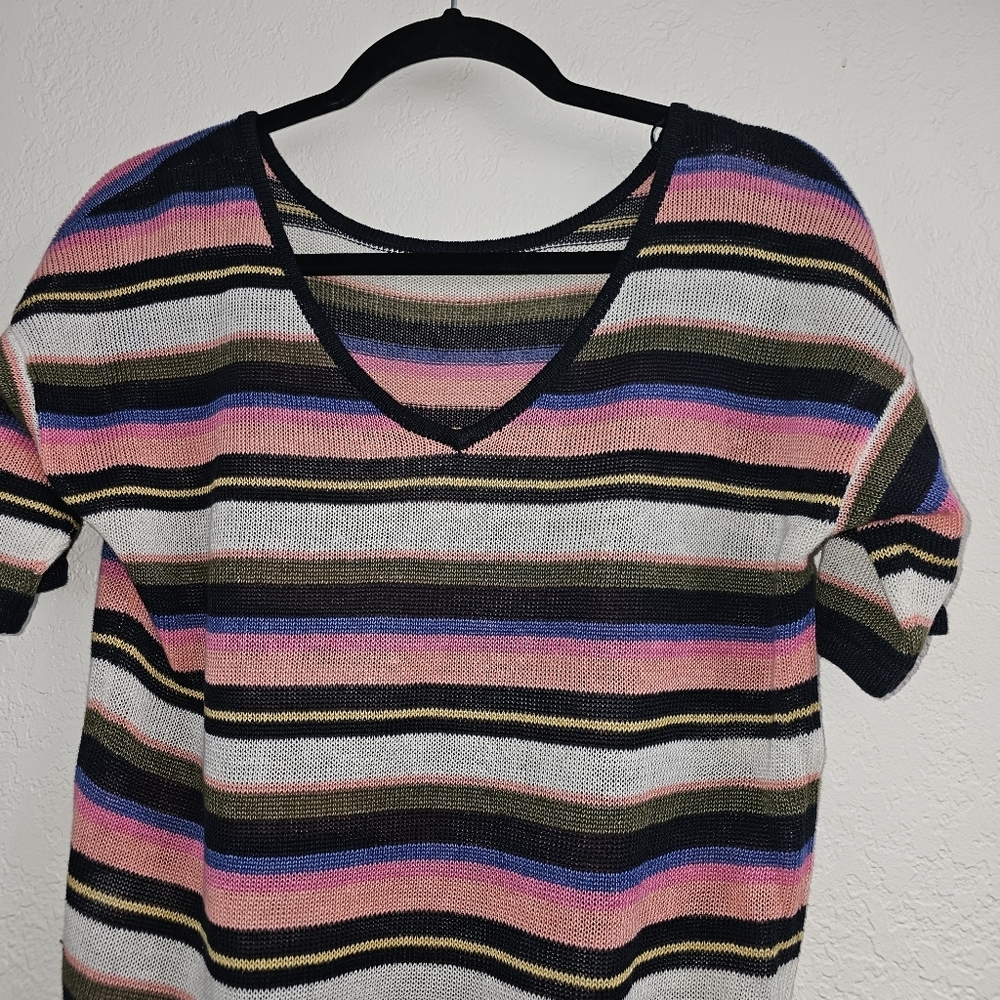 Talbots Black Pink Striped Linen Sweater Top Small